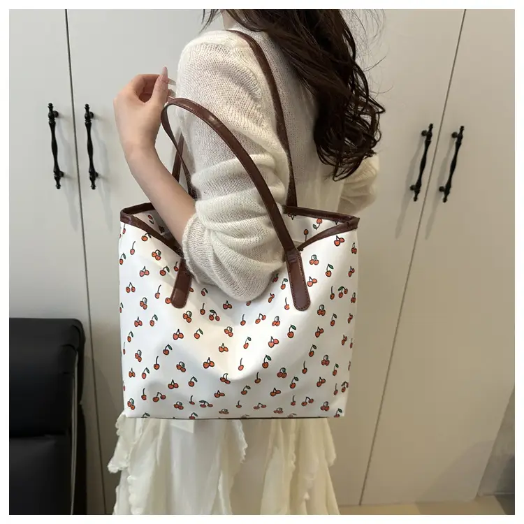 Cute Printed Women's Large Tote Bag with Brown Handles — feature 15