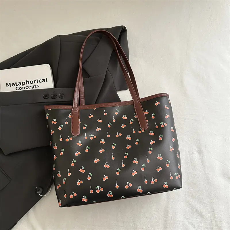 Cute Printed Women's Large Tote Bag with Brown Handles - Image 2