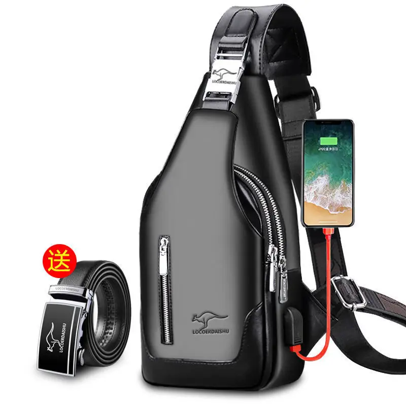 Men's Black Wireless Charging Crossbody Bag Large Capacity