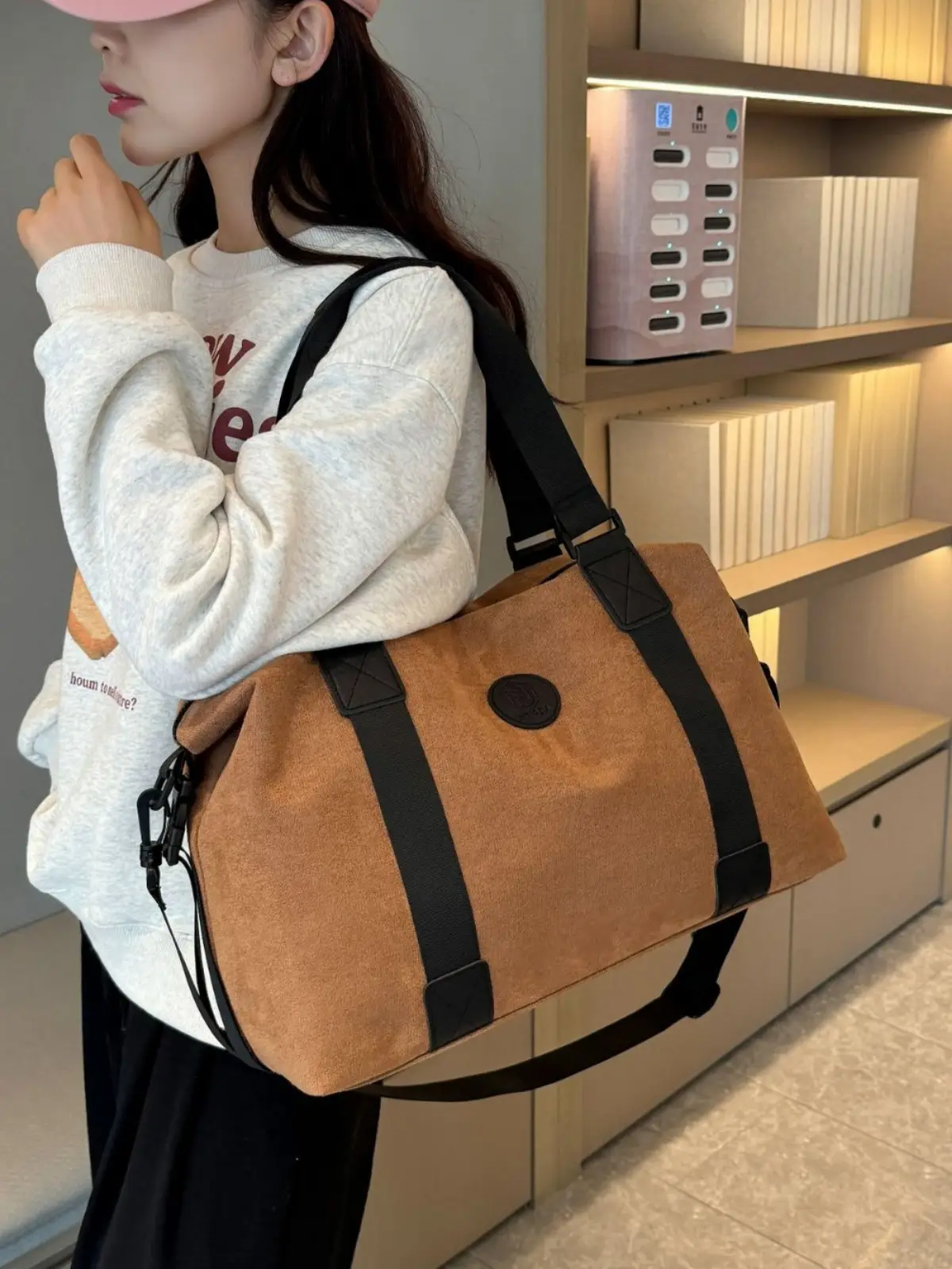 Gray Large Capacity Travel Tote Bag with Black Straps