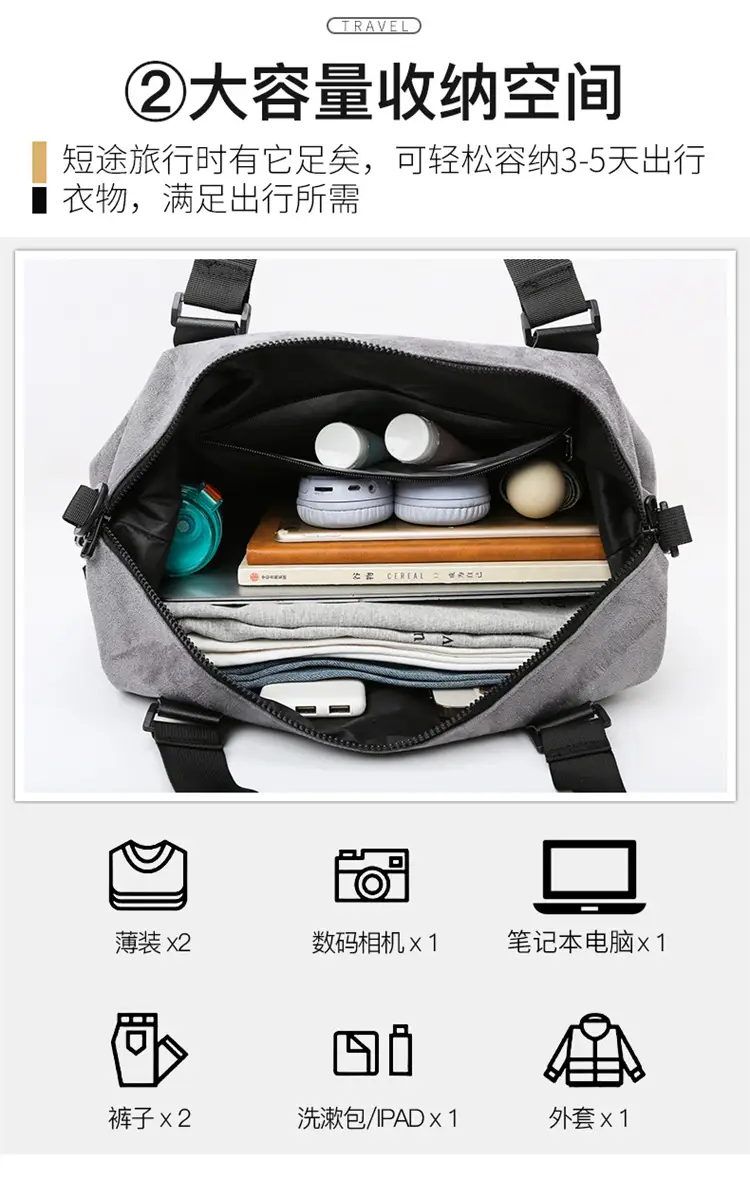 Gray Large Capacity Travel Tote Bag with Black Straps — feature 10
