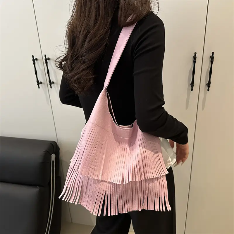 2025 Pink Pleated Tasseling Shoulder Bag for Women - Image 5