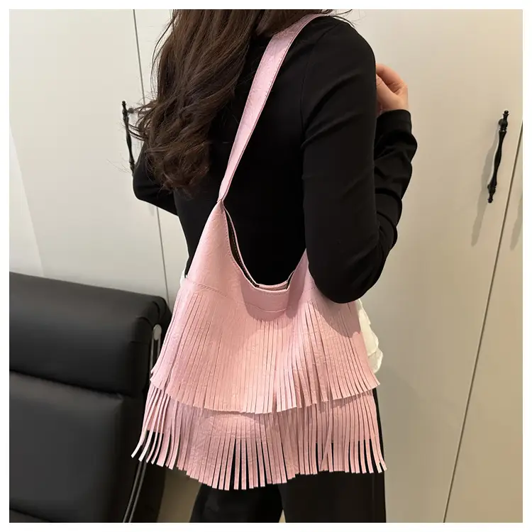 2025 Pink Pleated Tasseling Shoulder Bag for Women — feature 11