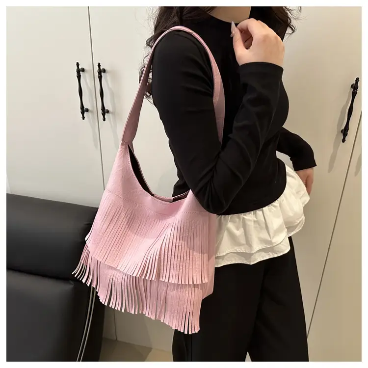 2025 Pink Pleated Tasseling Shoulder Bag for Women — feature 13