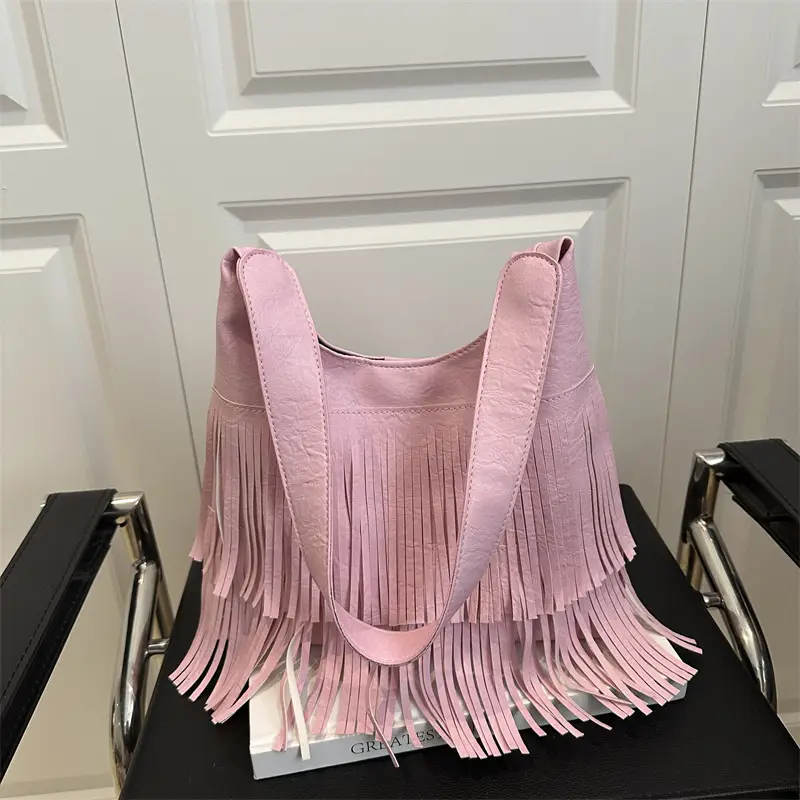 2025 Pink Pleated Tasseling Shoulder Bag for Women - Image 4