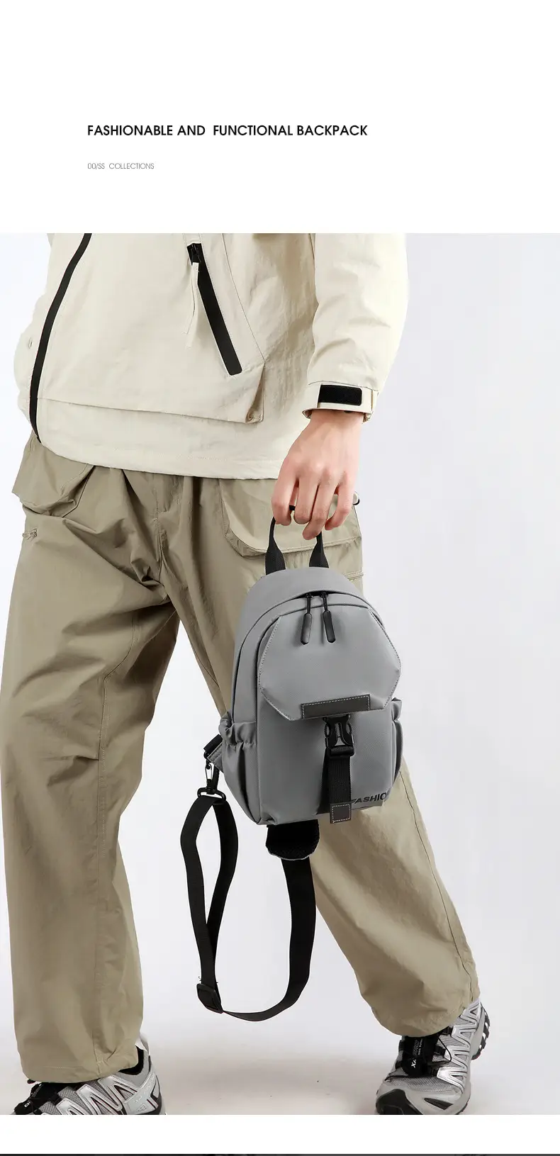 Men's Grey Fashion Crossbody Bag with Leather Strap — feature 7
