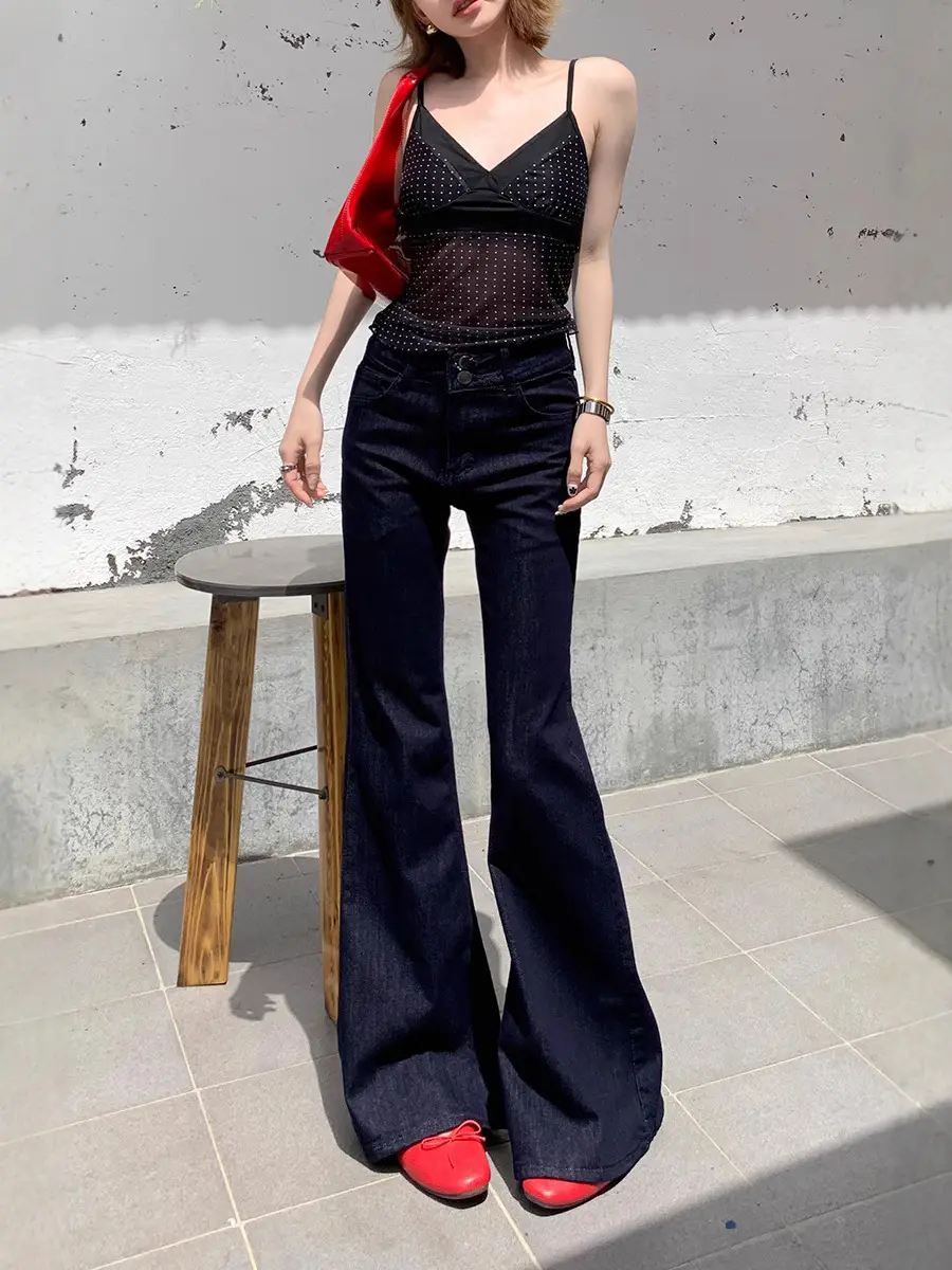 Dark Blue Micro Flared Jeans Women Spring Fall High Waist Slimming