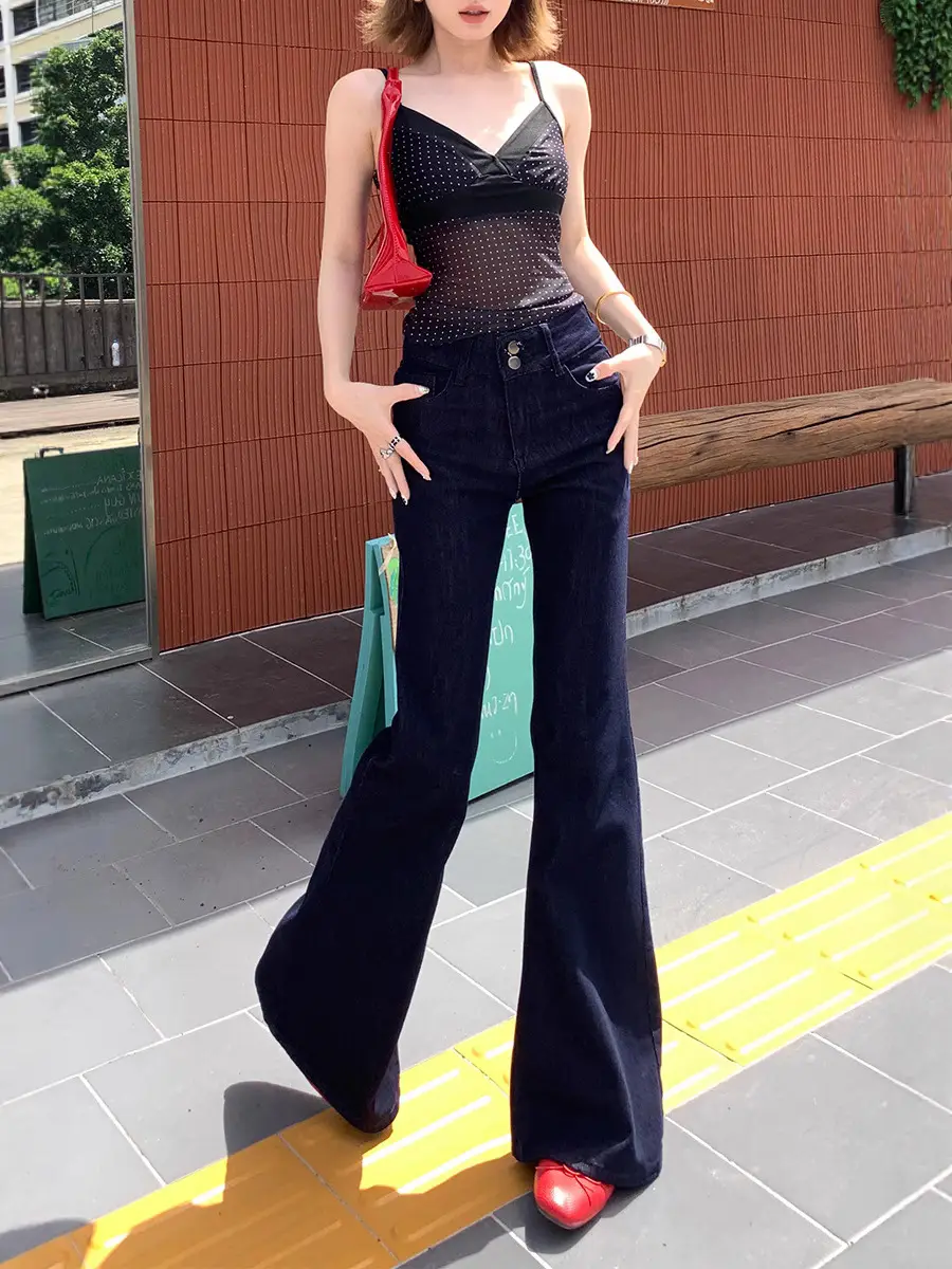 Dark Blue Micro Flared Jeans Women Spring Fall High Waist Slimming
