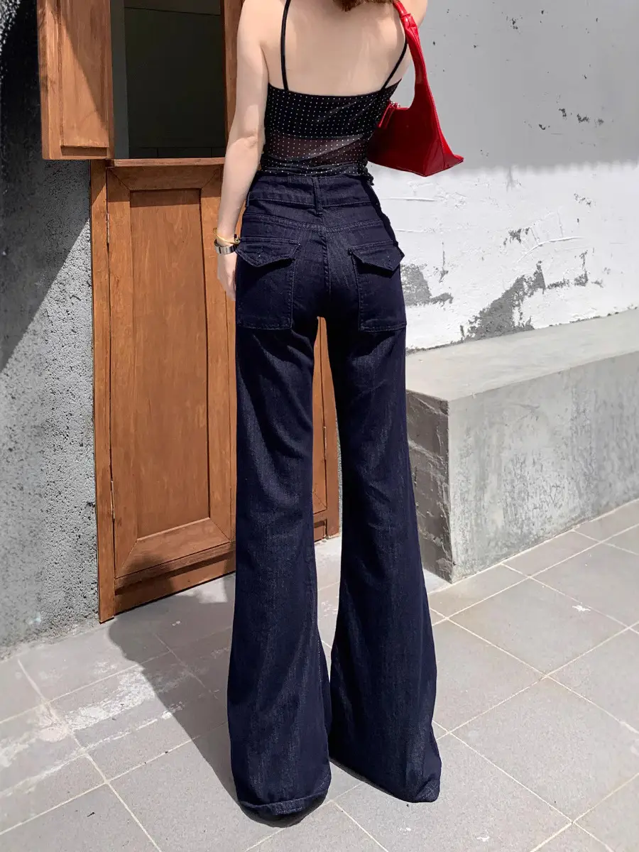 Dark Blue Micro Flared Jeans Women Spring Fall High Waist Slimming