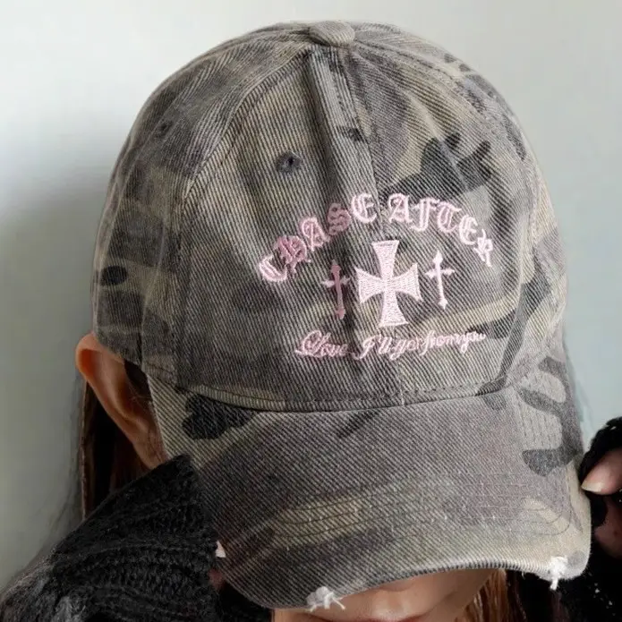 Retro Distressed Camouflage Baseball Cap with Cross Embroidery - Image 8