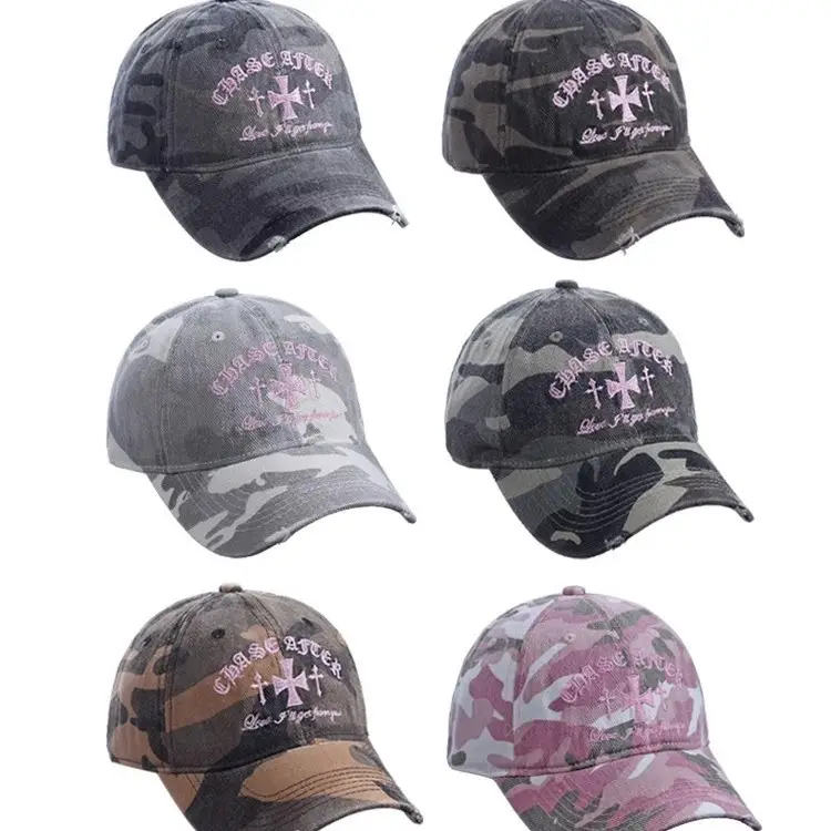 Retro Distressed Camouflage Baseball Cap with Cross Embroidery - Image 10