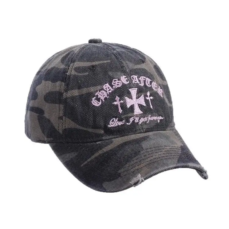 Retro Distressed Camouflage Baseball Cap with Cross Embroidery - Image 11