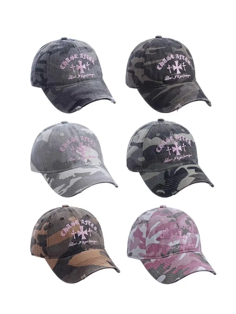 Retro Distressed Camouflage Baseball Cap with Cross Embroidery — feature 3