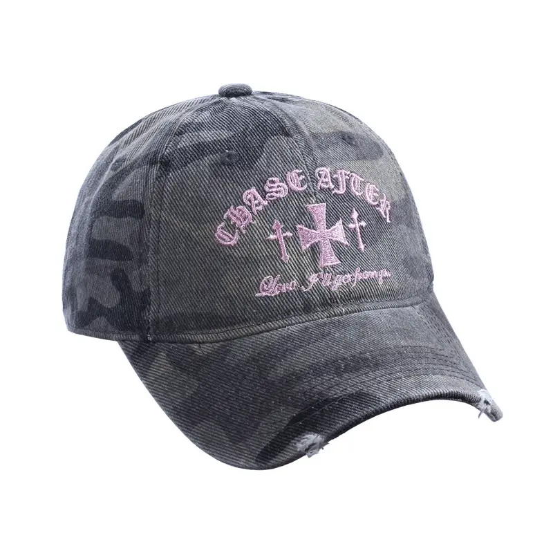 Retro Distressed Camouflage Baseball Cap with Cross Embroidery — feature 4