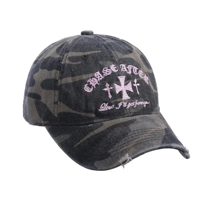 Retro Distressed Camouflage Baseball Cap with Cross Embroidery — feature 5
