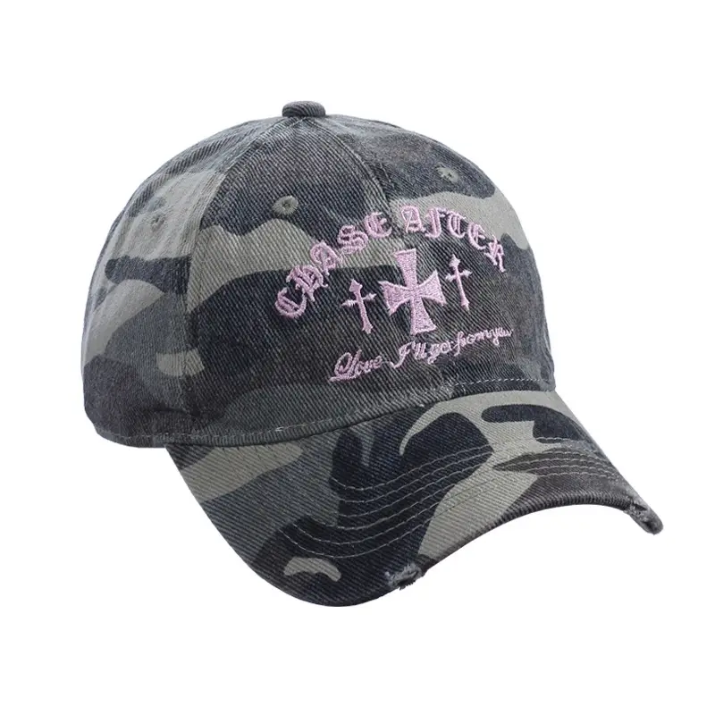 Retro Distressed Camouflage Baseball Cap with Cross Embroidery — feature 6