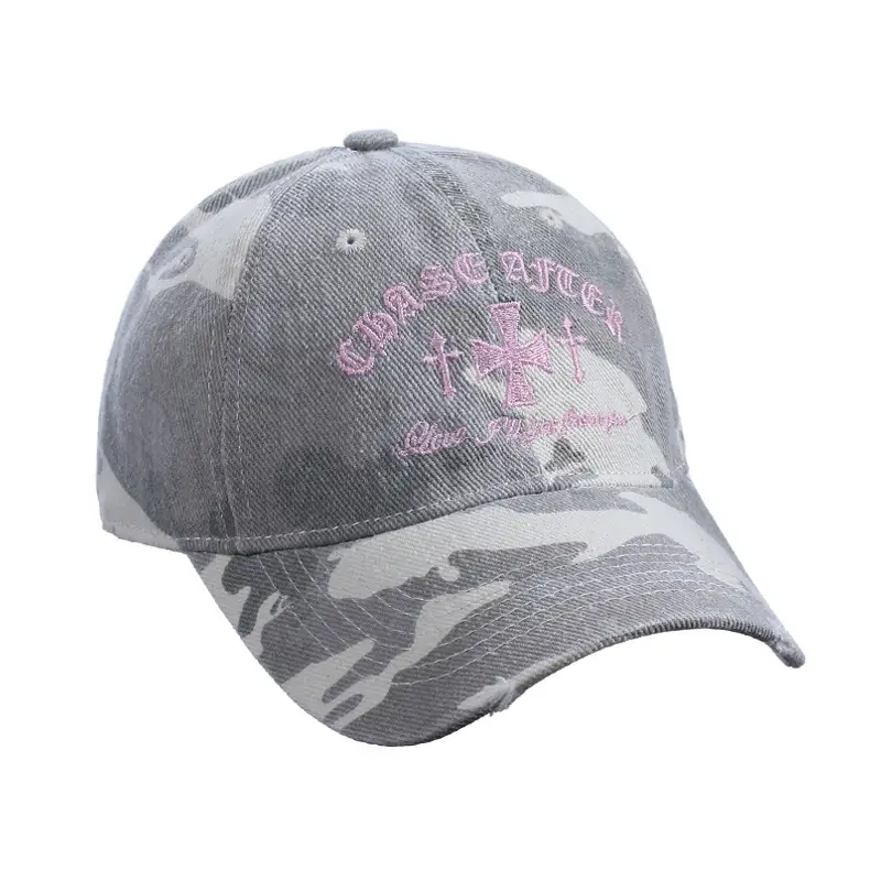 Retro Distressed Camouflage Baseball Cap with Cross Embroidery — feature 7