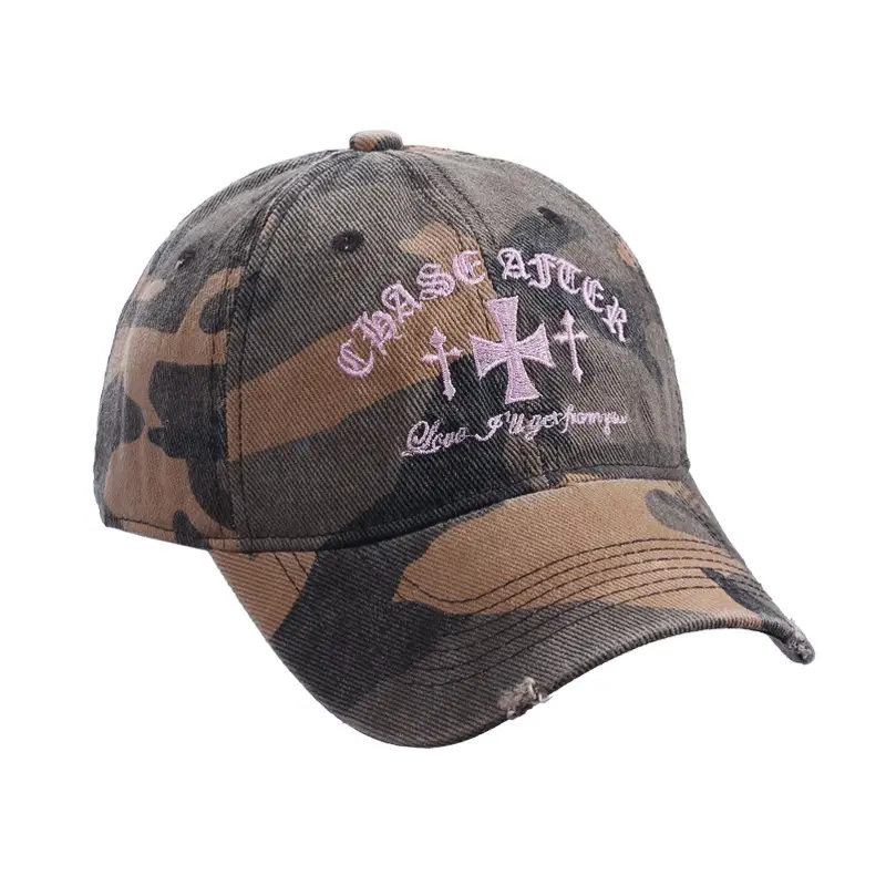 Retro Distressed Camouflage Baseball Cap with Cross Embroidery — feature 9