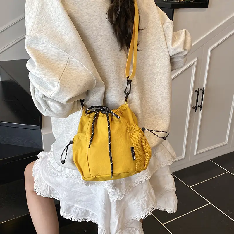 Yellow Drawstring Pleated Women's Bucket Bag - Image 11