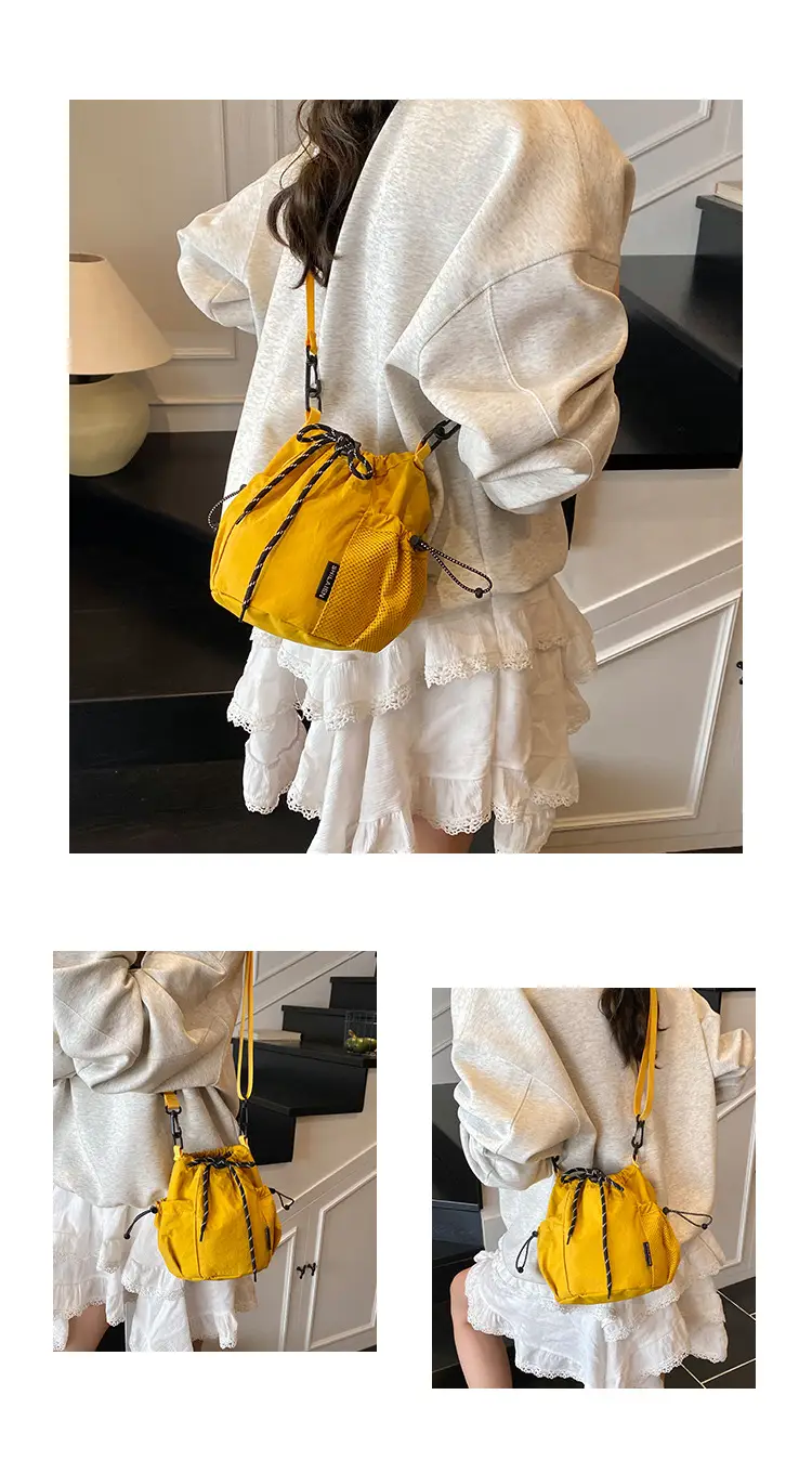 Yellow Drawstring Pleated Women's Bucket Bag — feature 13