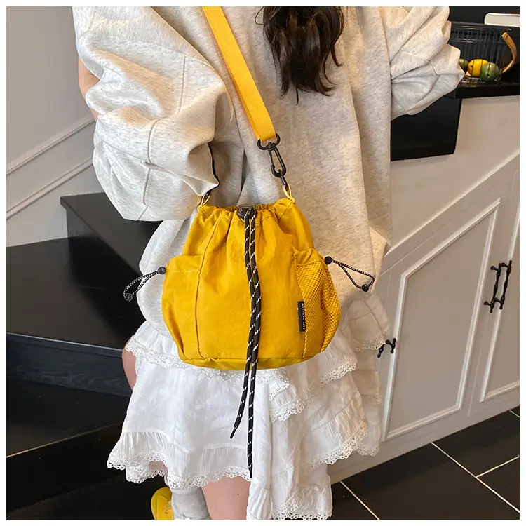 Yellow Drawstring Pleated Women's Bucket Bag — feature 23