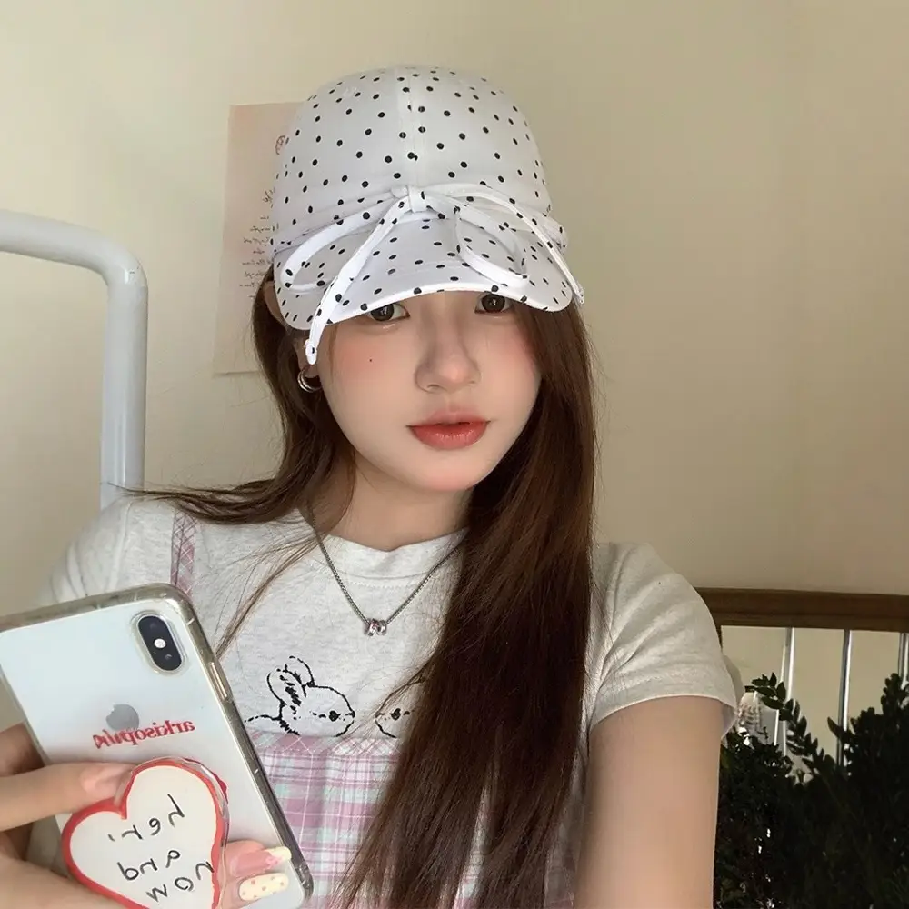 Women Polka Dot Bow Cap with Sunshade - Image 3