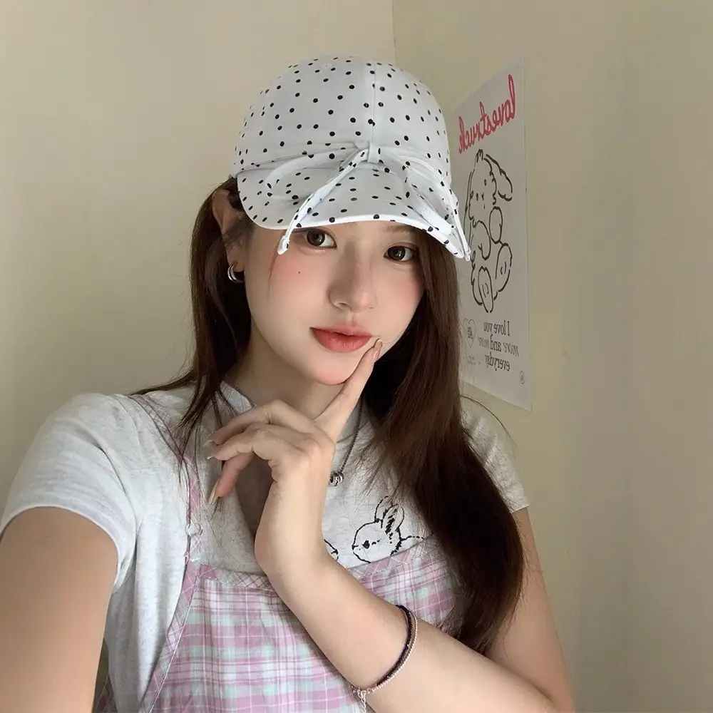 Women Polka Dot Bow Cap with Sunshade - Image 4