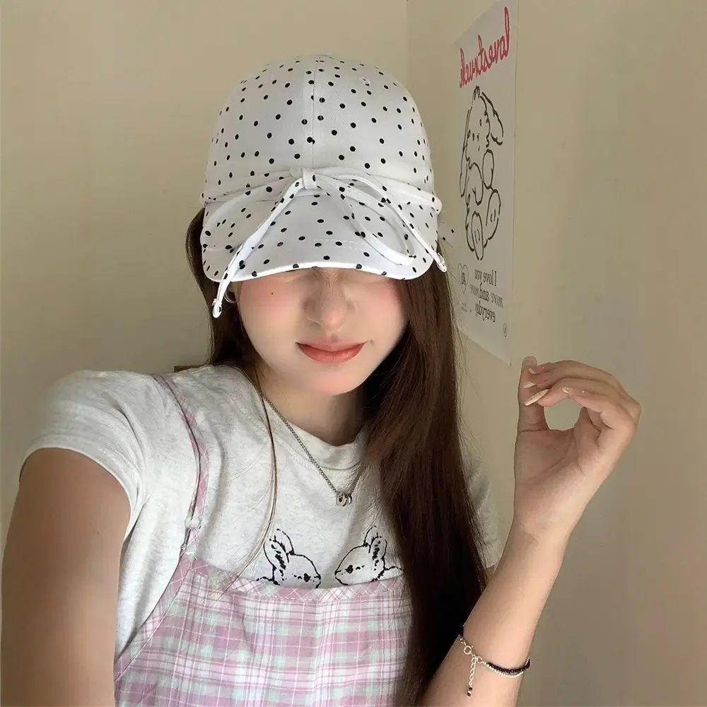Women Polka Dot Bow Cap with Sunshade - Image 5