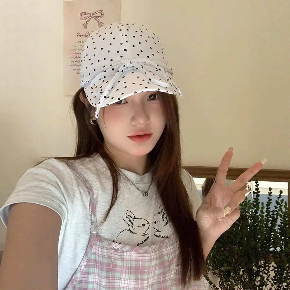 Women Polka Dot Bow Cap with Sunshade - Image 6