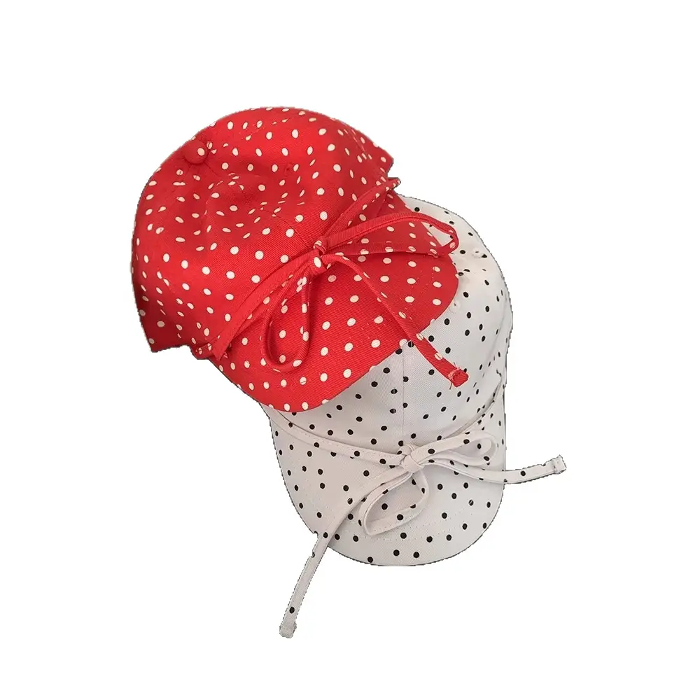 Women Polka Dot Bow Cap with Sunshade - Image 7