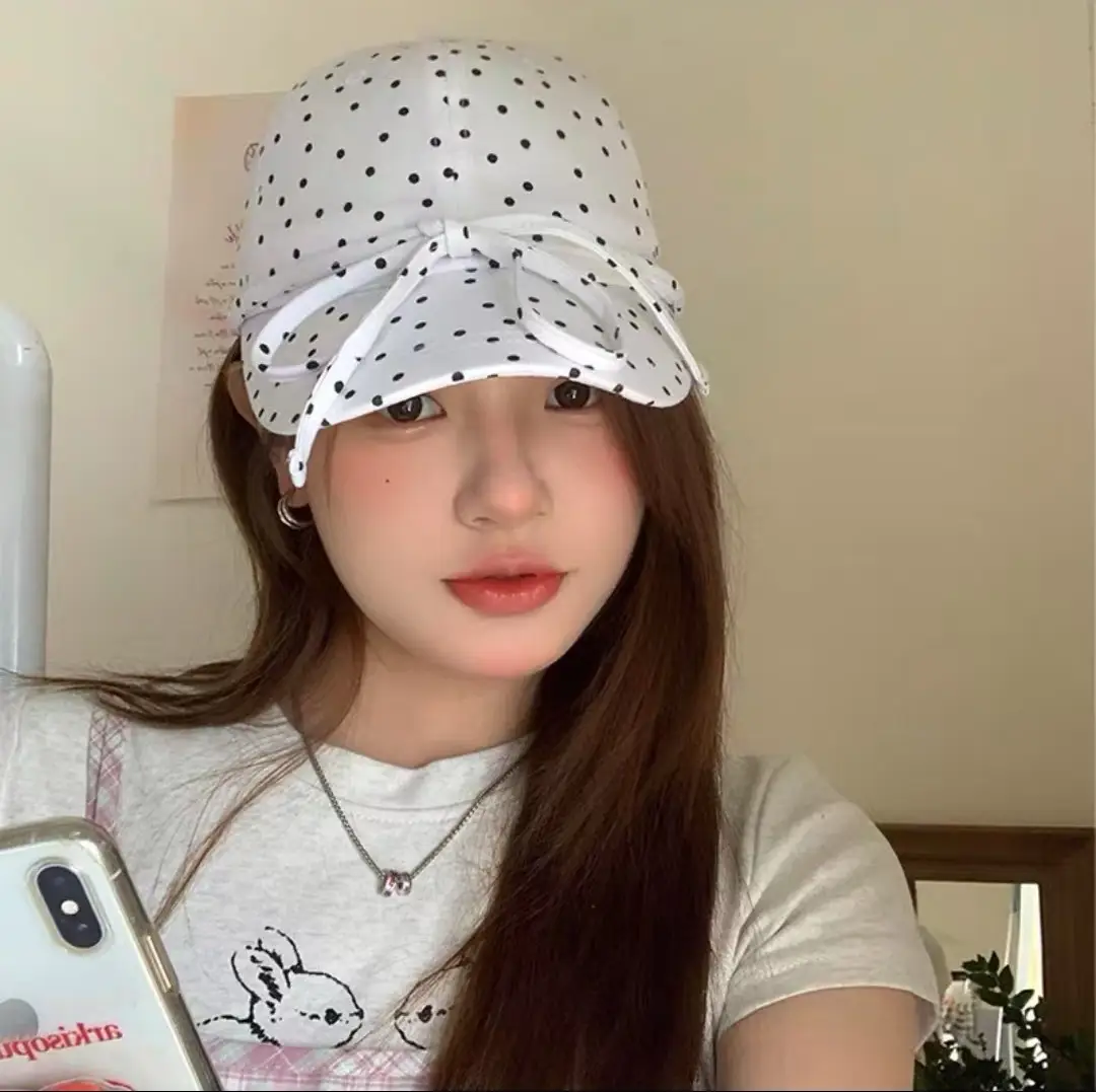 Women Polka Dot Bow Cap with Sunshade — feature 1