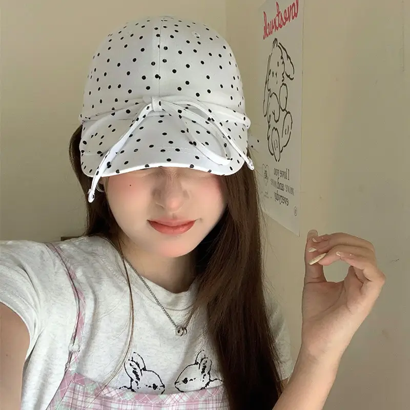 Women Polka Dot Bow Cap with Sunshade — feature 3