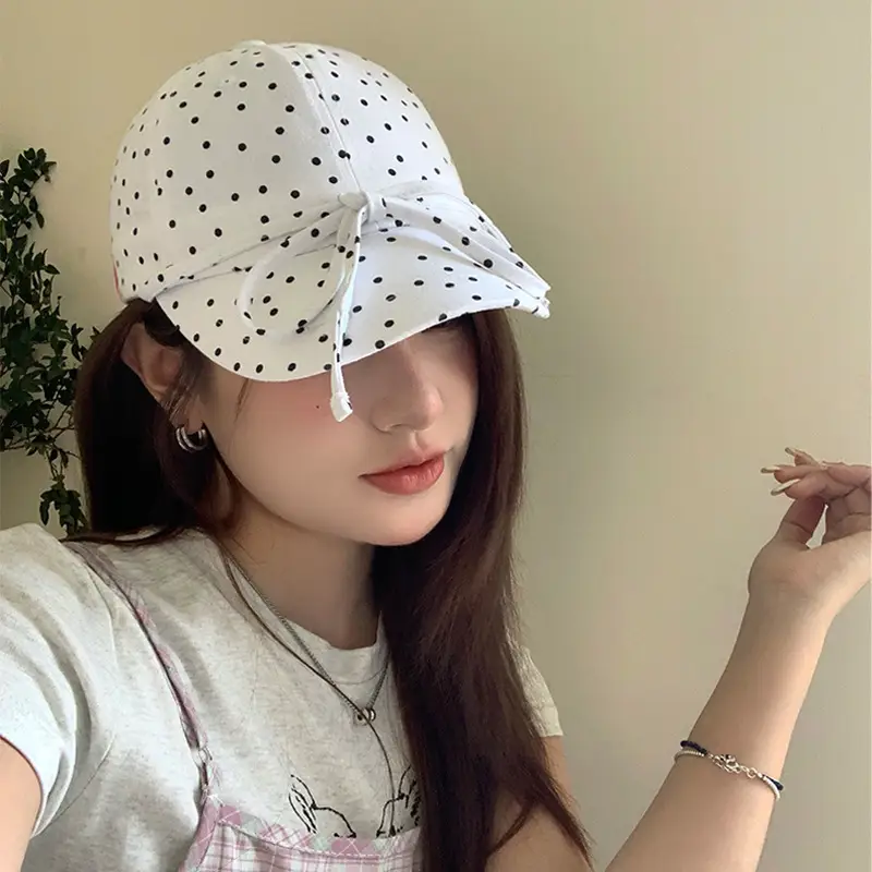 Women Polka Dot Bow Cap with Sunshade — feature 5