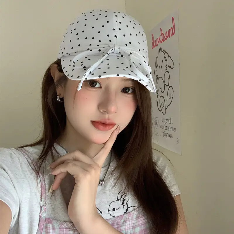 Women Polka Dot Bow Cap with Sunshade — feature 6