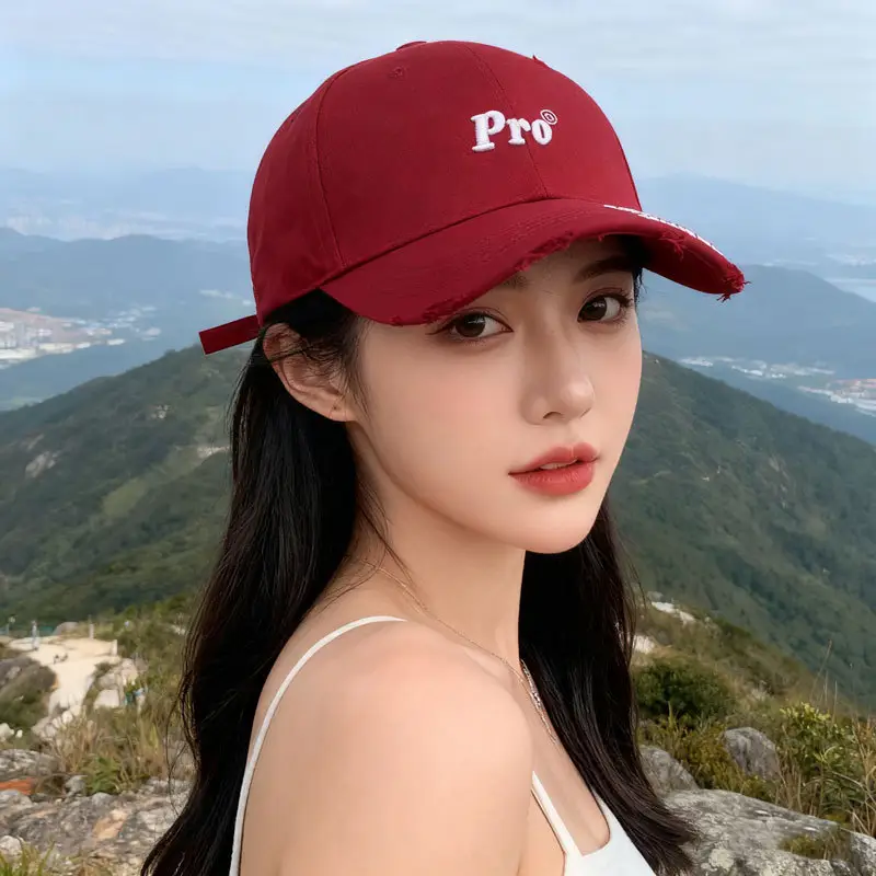 Women Red Embroidered Baseball Cap with Large Brim - Image 10