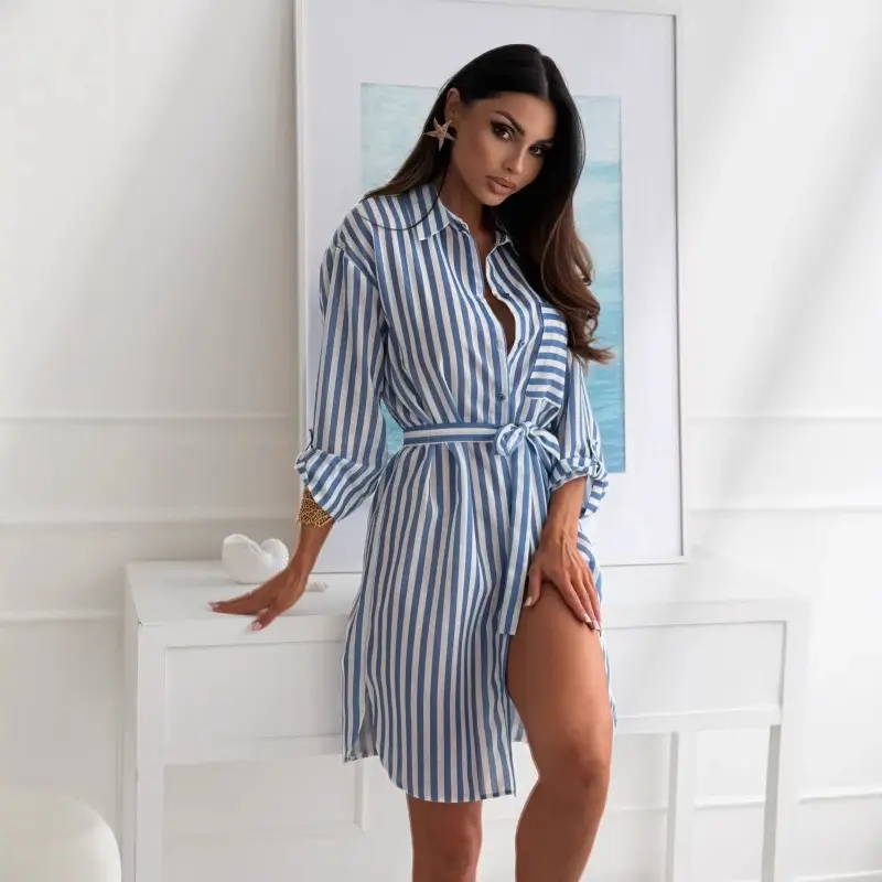 2025 Printed Belted Dress Women's Cotton Striped - Image 5