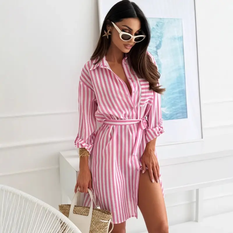 2025 Printed Belted Dress Women's Cotton Striped - Image 7