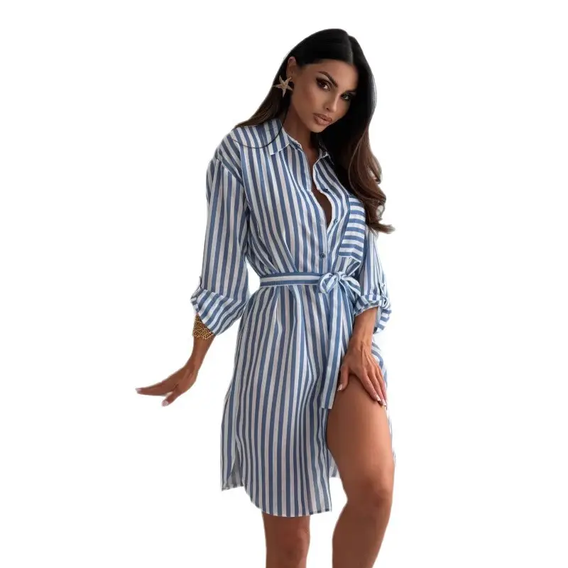 2025 Printed Belted Dress Women's Cotton Striped - Image 8