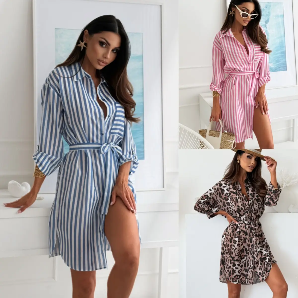 2025 Printed Belted Dress Women's Cotton Striped — feature 2