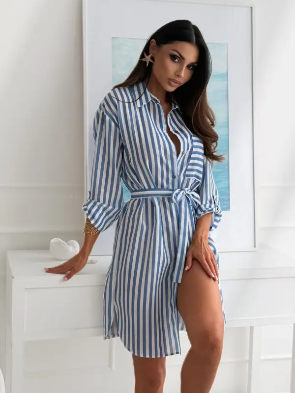 2025 Printed Belted Dress Women's Cotton Striped — feature 3