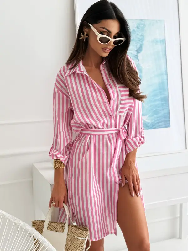 2025 Printed Belted Dress Women's Cotton Striped — feature 4