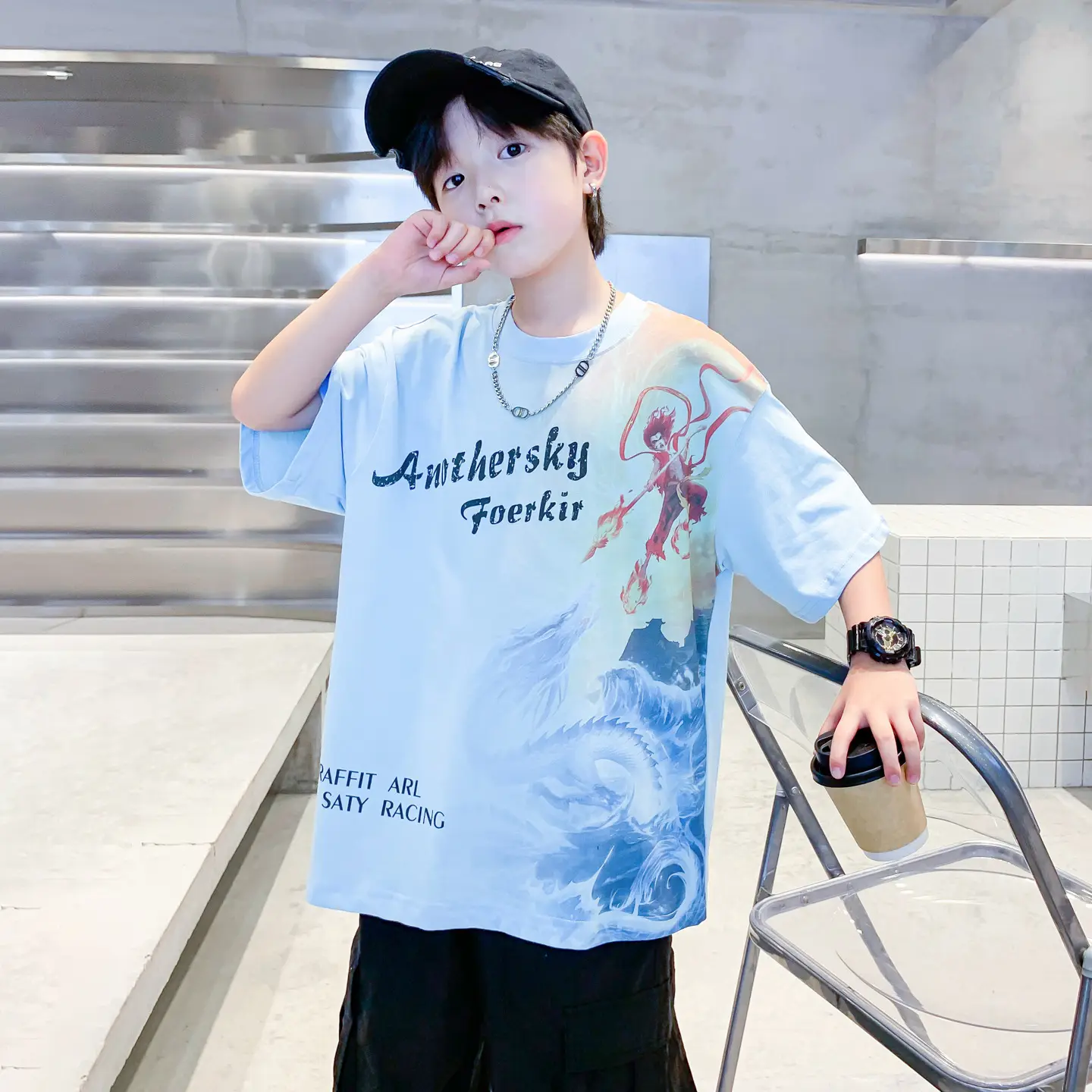 Boys Summer Nezha Cotton T-Shirt Light Blue 2026 - Image 2