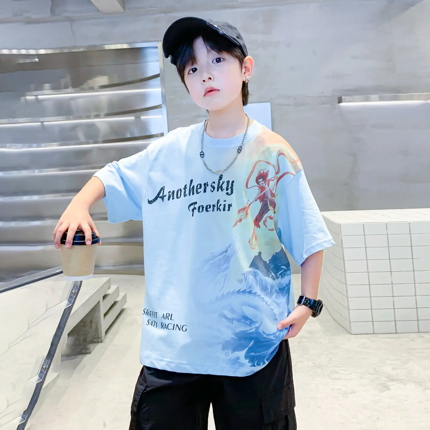 Boys Summer Nezha Cotton T-Shirt Light Blue 2026 - Image 3