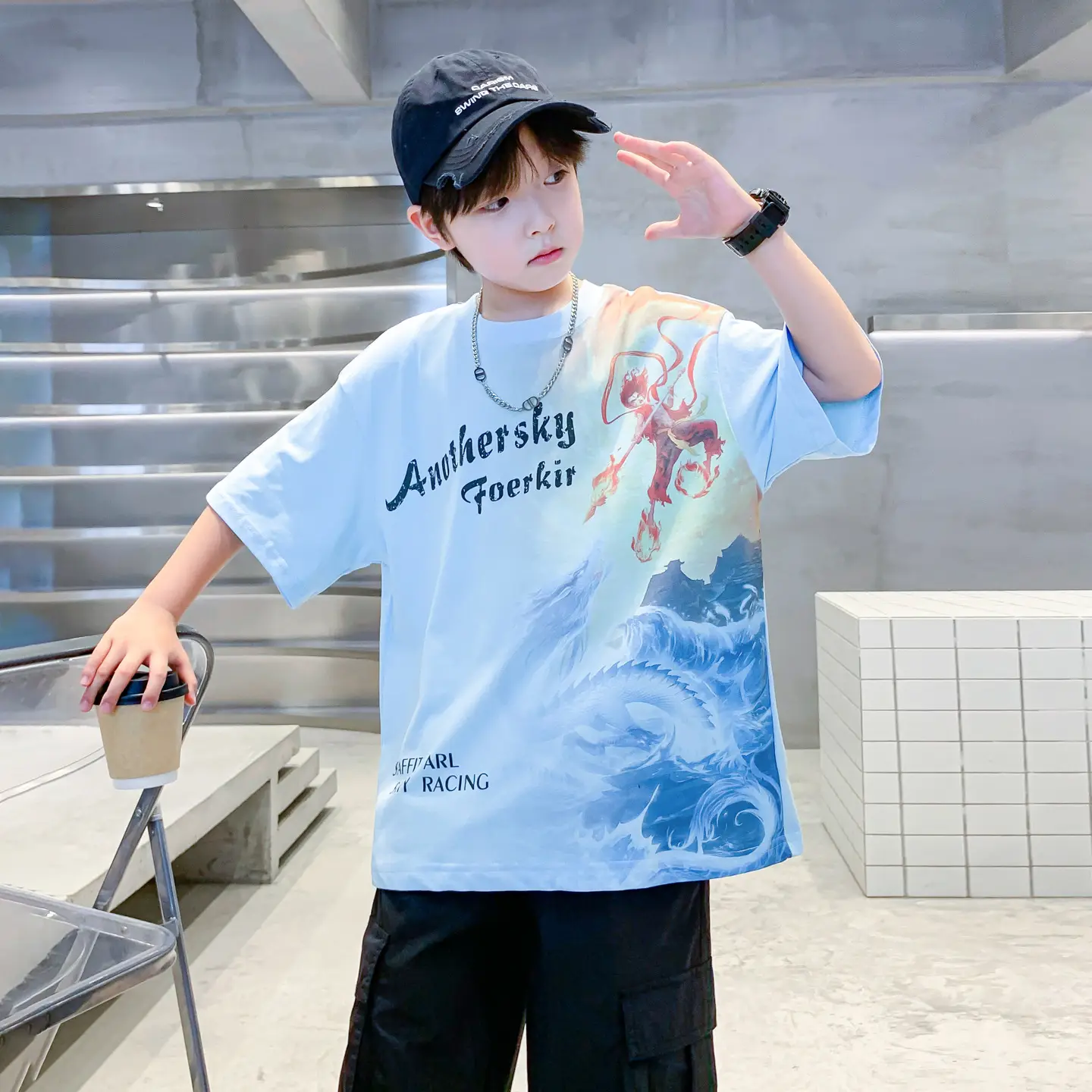 Boys Summer Nezha Cotton T-Shirt Light Blue 2026 - Image 4