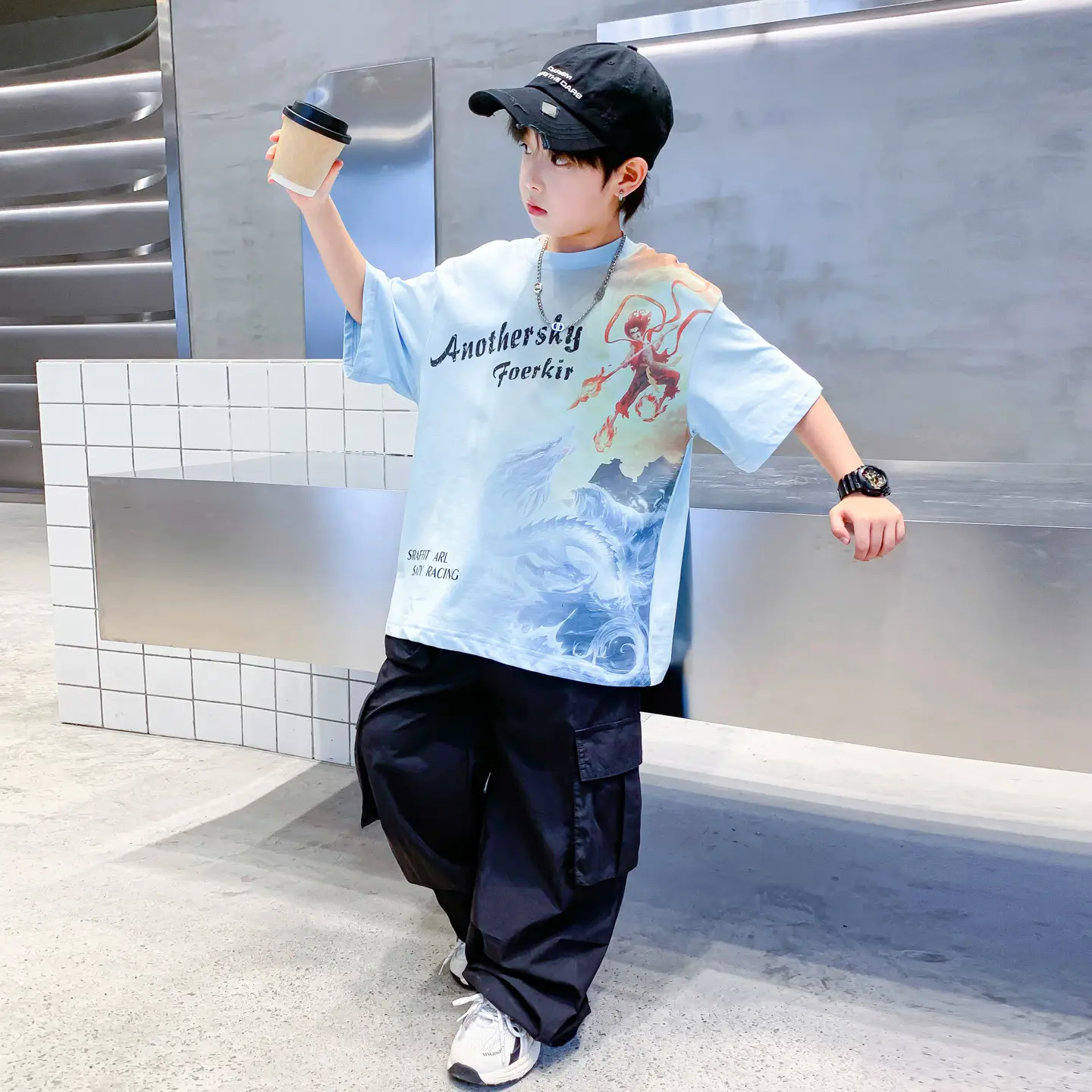 Boys Summer Nezha Cotton T-Shirt Light Blue 2026 - Image 5