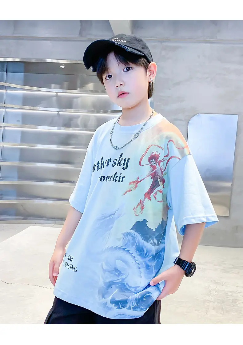 Boys Summer Nezha Cotton T-Shirt Light Blue 2026 — feature 10