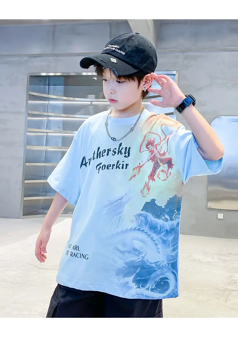 Boys Summer Nezha Cotton T-Shirt Light Blue 2026 — feature 12