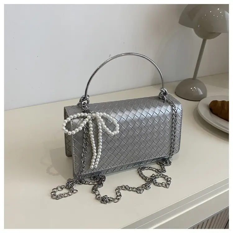 Black Bowknot Single Shoulder Bag with Pearl Chain