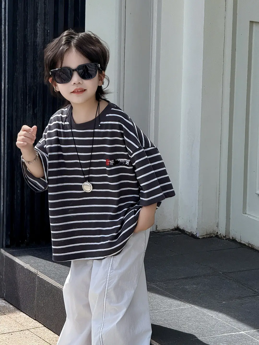 2025 Summer Boys Striped T-Shirt Loose Wide Short Sleeve - Image 2