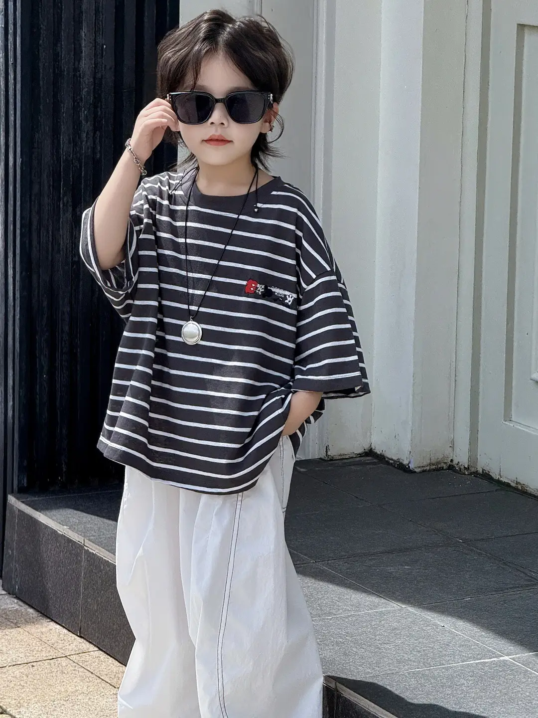 2025 Summer Boys Striped T-Shirt Loose Wide Short Sleeve - Image 4